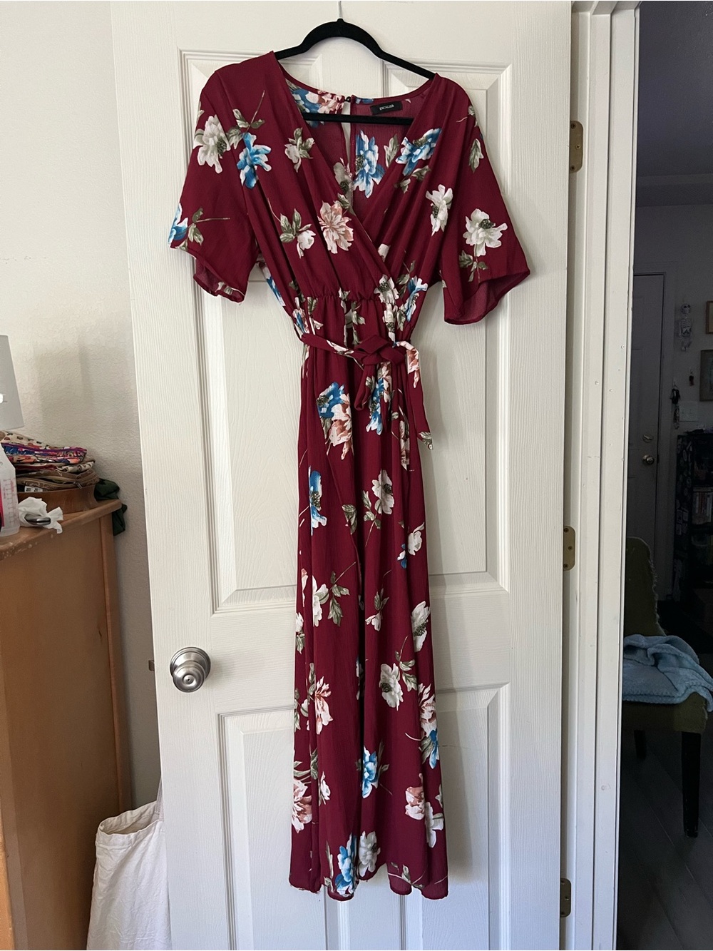 Floral Wrap Maxi Dress in Burgundy by Escalier